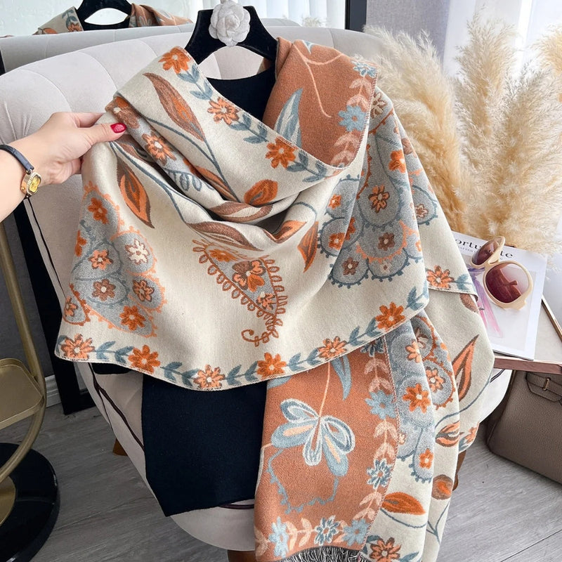 Elegant Double-Sided Floral Winter Shawl Scarf