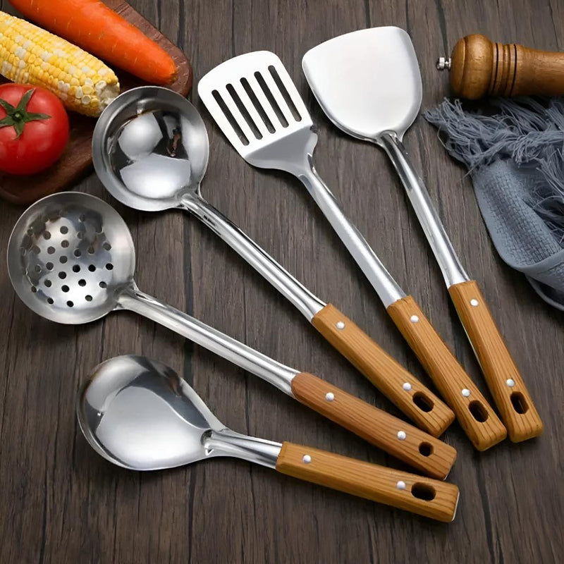 Wood-Grip Steel Kitchen Utensil Set (5 Sets)