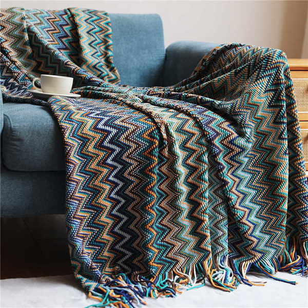 Multicolor Zigzag Tasseled Knit Throw