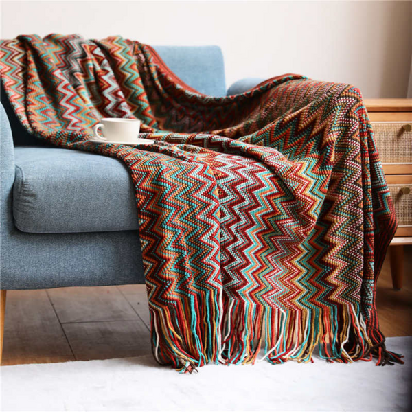 Multicolor Zigzag Tasseled Knit Throw