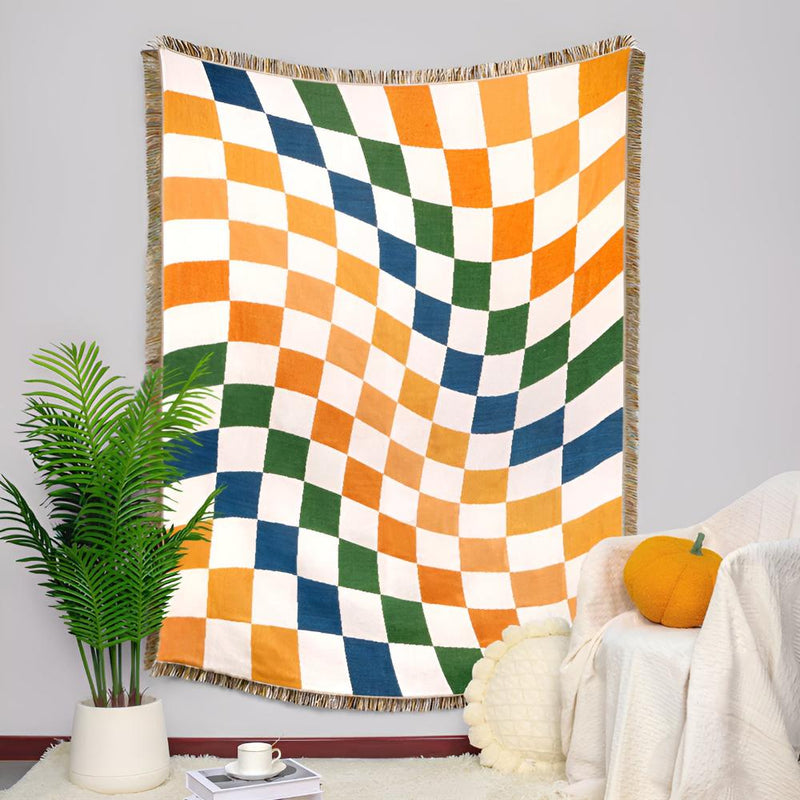 Colorful Checkerboard Tassel Blanket