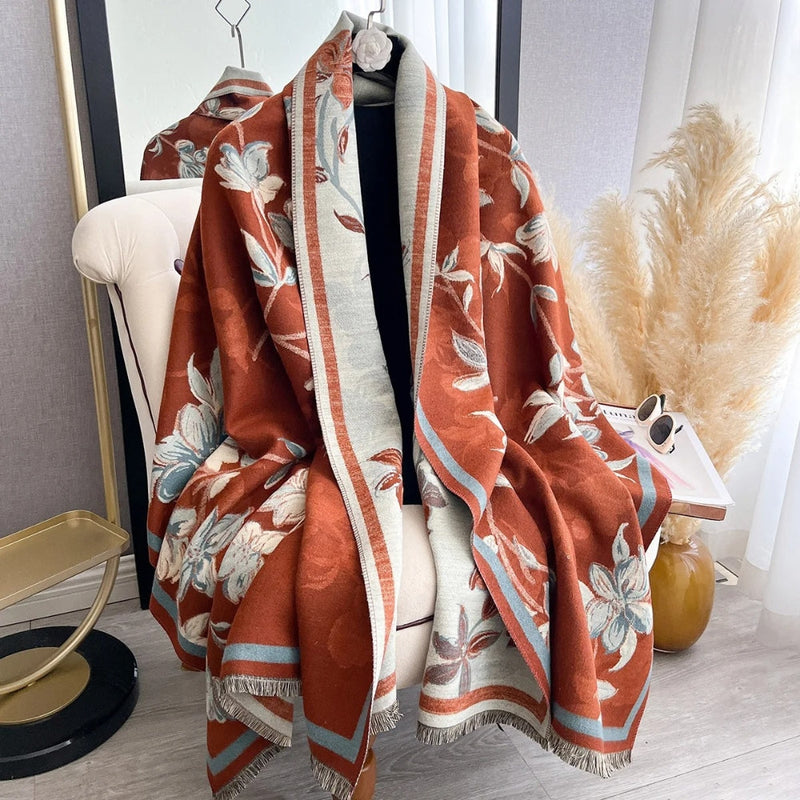 Elegant Double-Sided Floral Winter Shawl Scarf