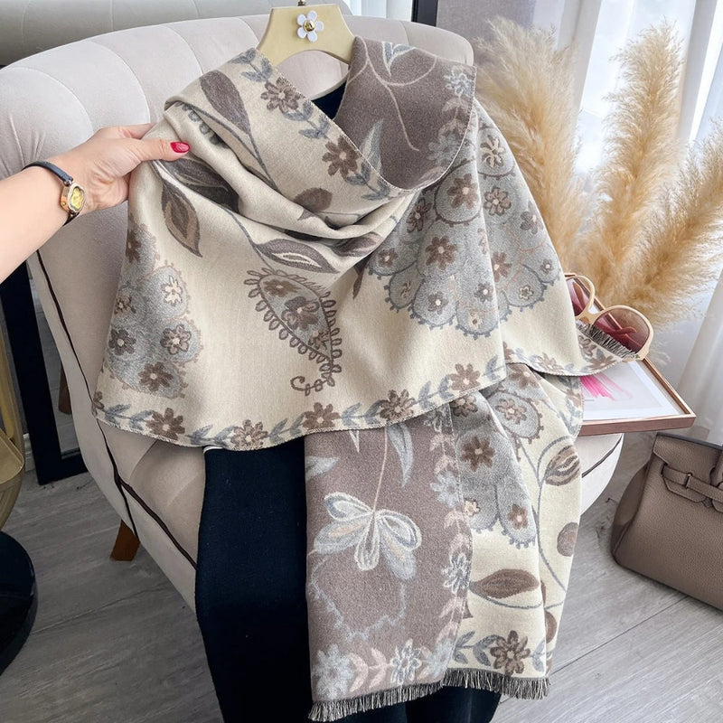 Elegant Double-Sided Floral Winter Shawl Scarf