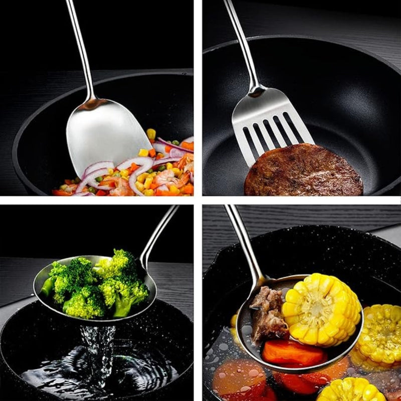 Gleaming Stainless Steel Wooden Utensils | 6Pcs Set