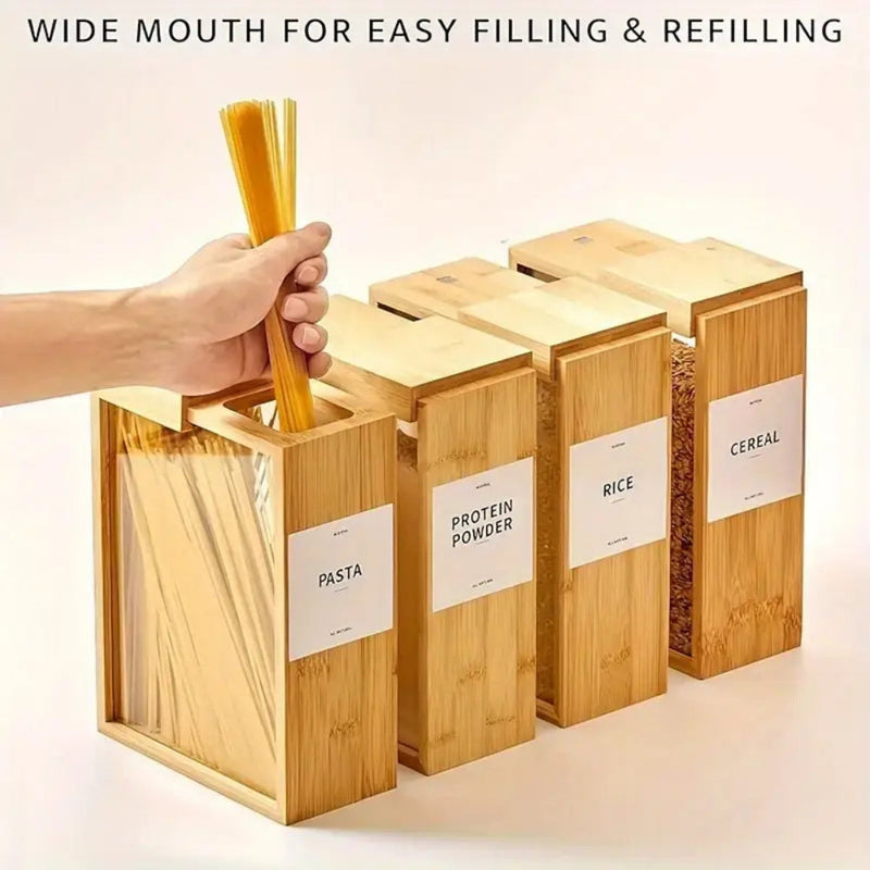 Sliding Bamboo Wood Pasta Grain Storage Container