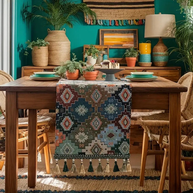 Colorful Geometric Tassel Table Runner Decor