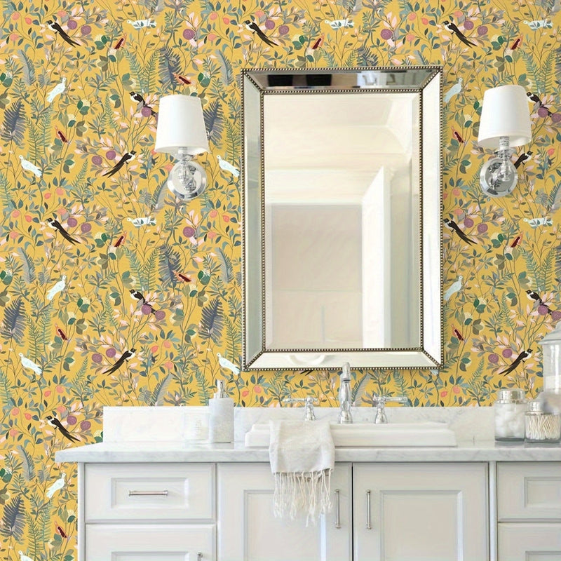 Golden Canopy Bird and Leaf Peelable Wallpaper