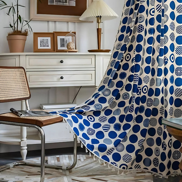 Retro Blue Polka Dots Patterned Window Curtain