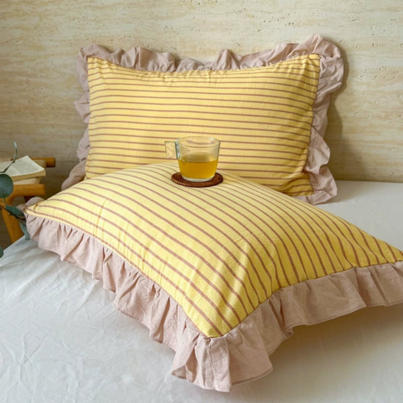 Striped Ruffled Lace Pillowcases in Multiple Colors