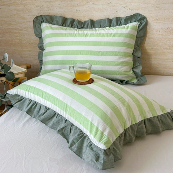 Striped Ruffled Lace Pillowcases in Multiple Colors