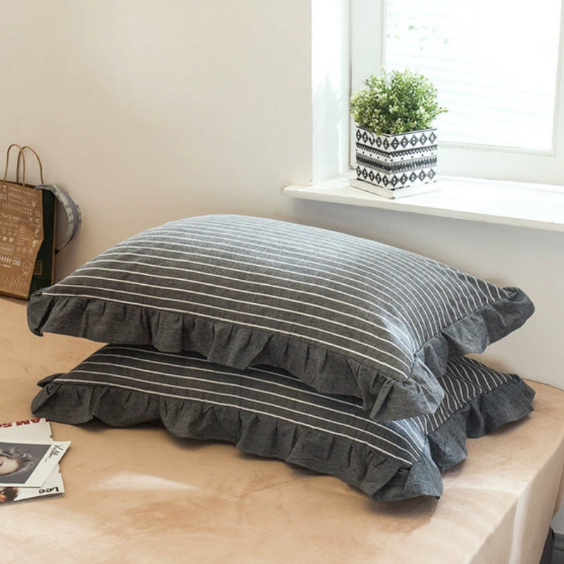 Striped Ruffled Lace Pillowcases in Multiple Colors