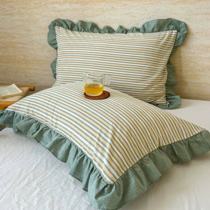 Striped Ruffled Lace Pillowcases in Multiple Colors