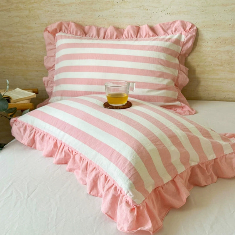 Striped Ruffled Lace Pillowcases in Multiple Colors