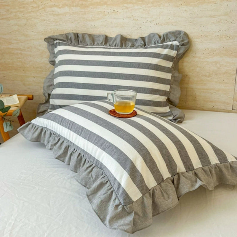 Striped Ruffled Lace Pillowcases in Multiple Colors
