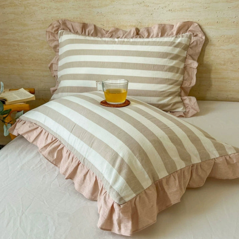 Striped Ruffled Lace Pillowcases in Multiple Colors