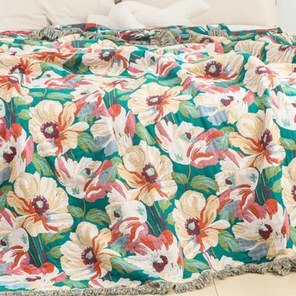 Sunlit Floral Tassel Cotton Blanket