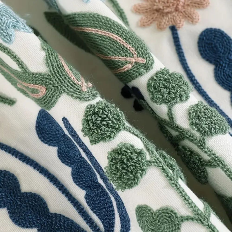 Vintage Botanical Embroidery Cushion Cover